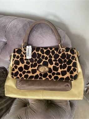 Jessica Gold and Leopard Print Shoulder Bag with Taupe Handle